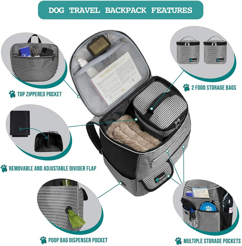 Airline Approved Dog Travel Backpack - Essential Camping & Hiking Gear with Food Container, Collapsible Bowls & Diaper Bag - Stylish Stripe Black Design