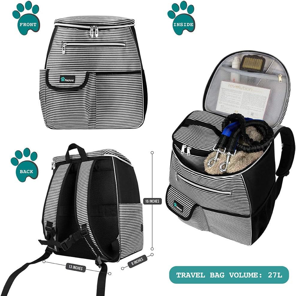 Airline Approved Dog Travel Backpack - Essential Camping & Hiking Gear with Food Container, Collapsible Bowls & Diaper Bag - Stylish Stripe Black Design