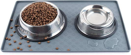 Dog Food Mat, Silicone Waterproof Cat Feeding Mat Raised Edges, Nonslip Pet Placemat Bowl Tray to Stop Food Spills and Water Messes Out to Floor, 18.9X11.8 Grey