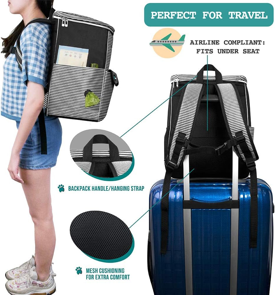 Airline Approved Dog Travel Backpack - Essential Camping & Hiking Gear with Food Container, Collapsible Bowls & Diaper Bag - Stylish Stripe Black Design