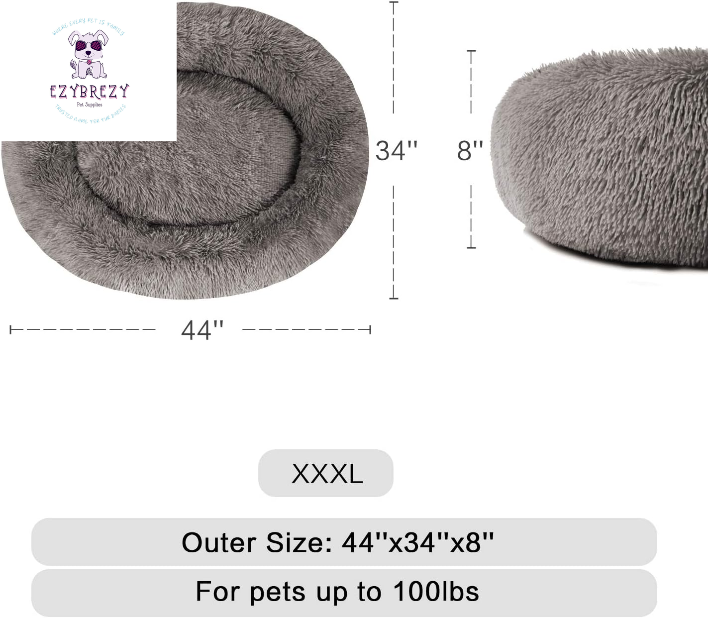 Luxurious Calming Donut Pet Bed - Self-Warming Faux Fur Cuddler for Dogs & Cats (Available in 24'', 32'', 36'', 44'')