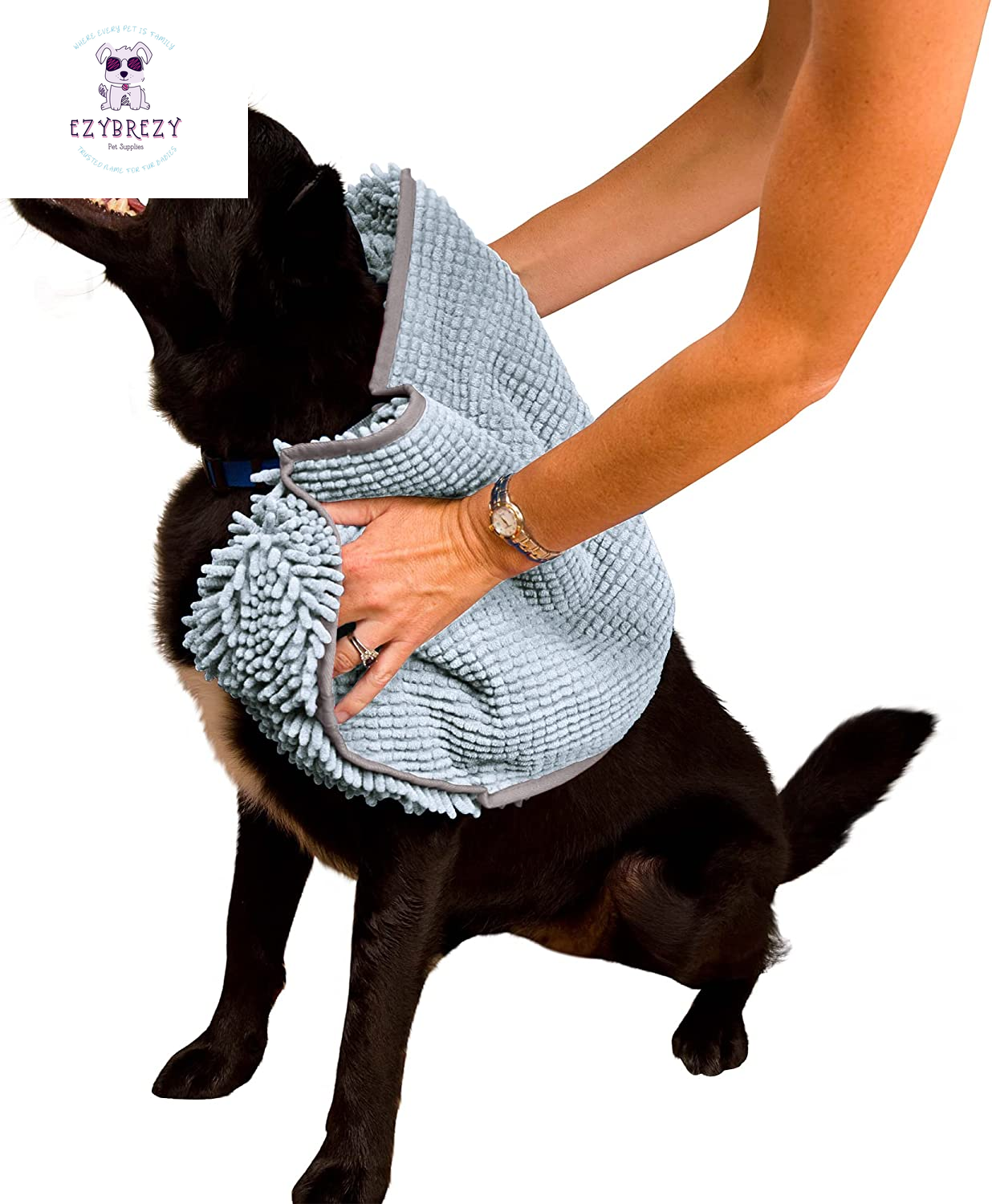 Soggy Doggy Super Shammy - Quick-Dry Microfiber Dog Towel with Handy Pockets, Ideal for Drying Dogs & Cleaning Paws, 31"x14", Gray/Gray Trim