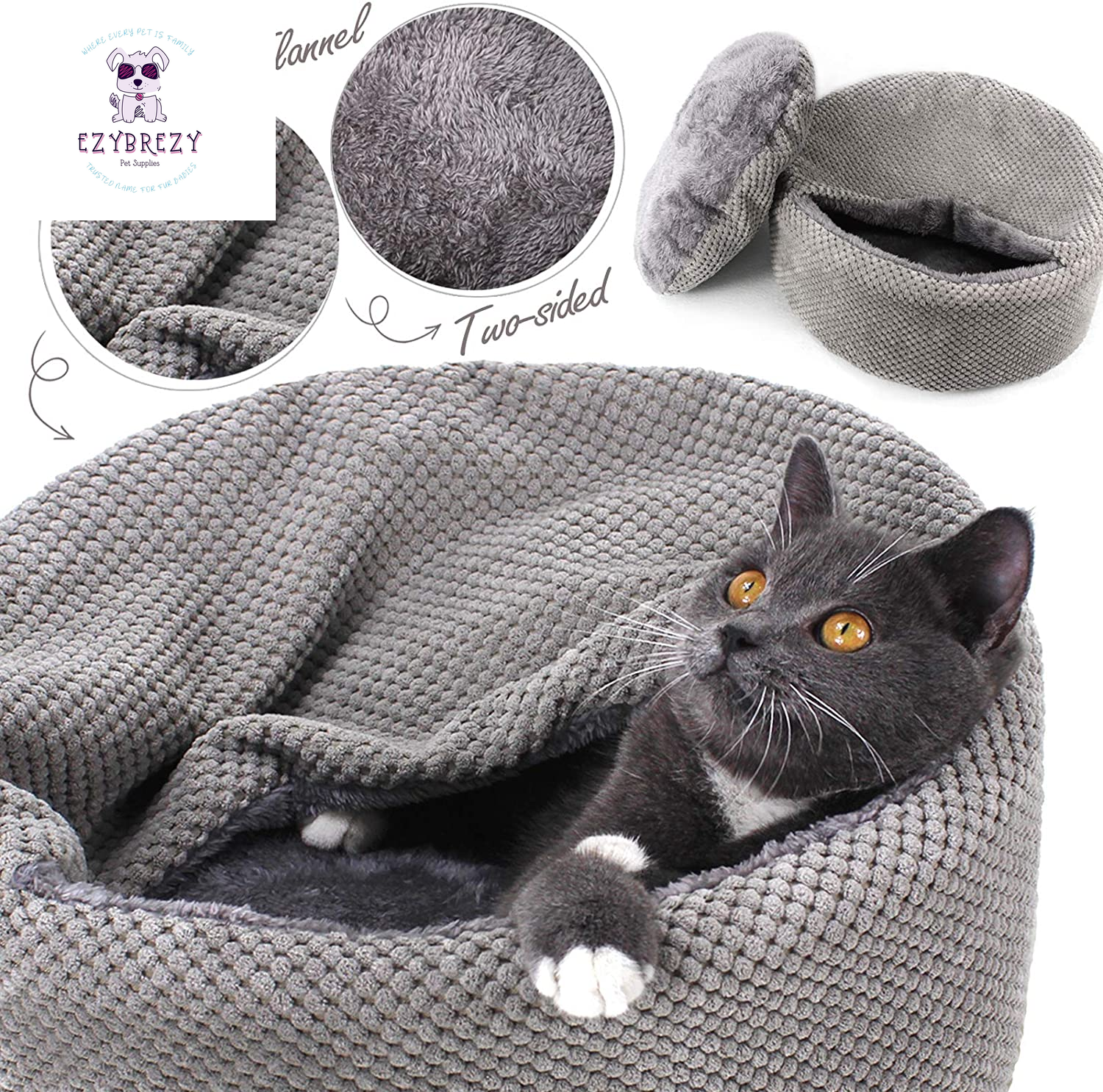 Cozy & Washable Round Cat Bed - Soft, Warm, Anti-Slip with Removable Cushion for Indoor Cats (Gray, 12.59" x 12.59" x 5.91")