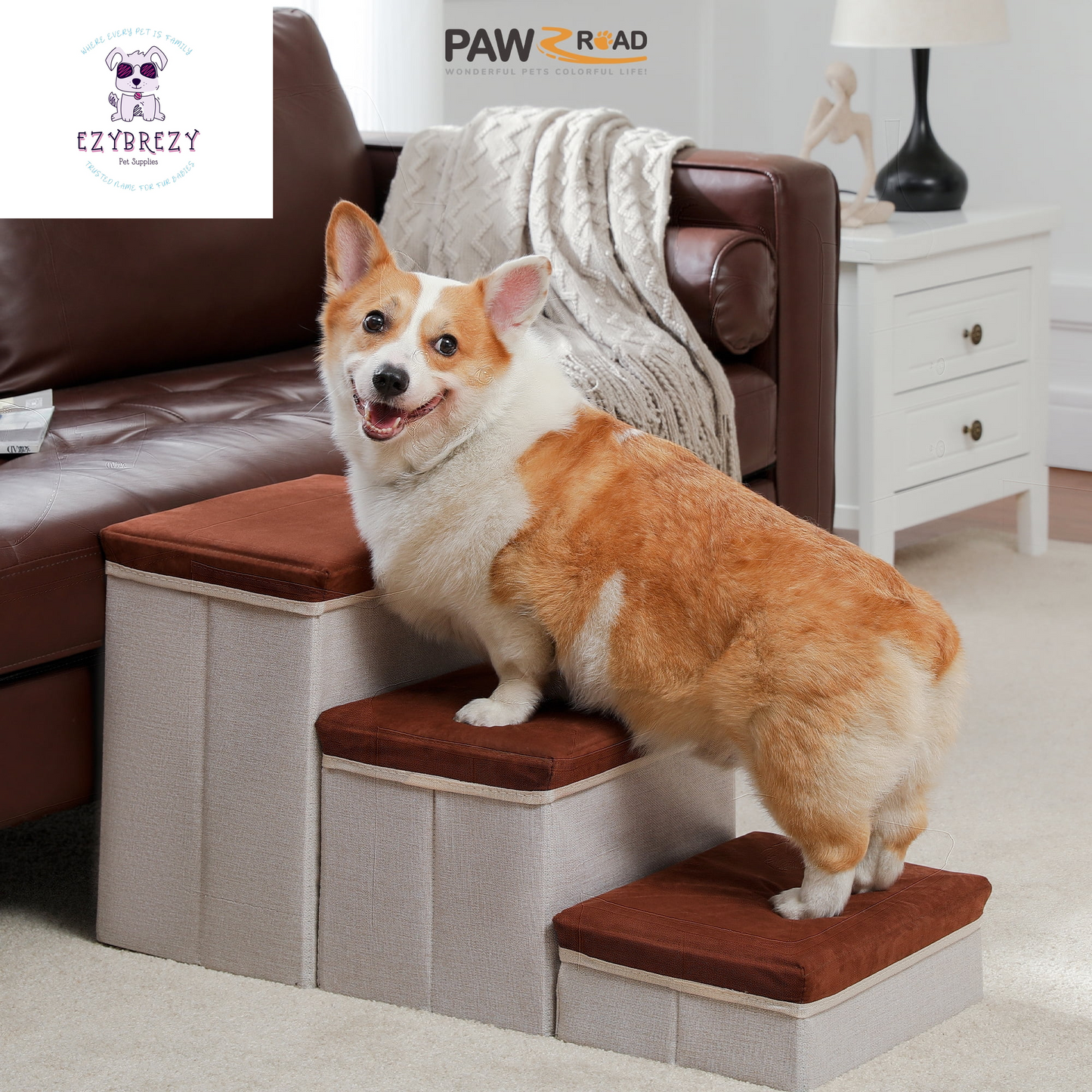 Brown Folding 3-Step Pet Stairs with Storage - Perfect Dog Ramp for High Beds & Couches