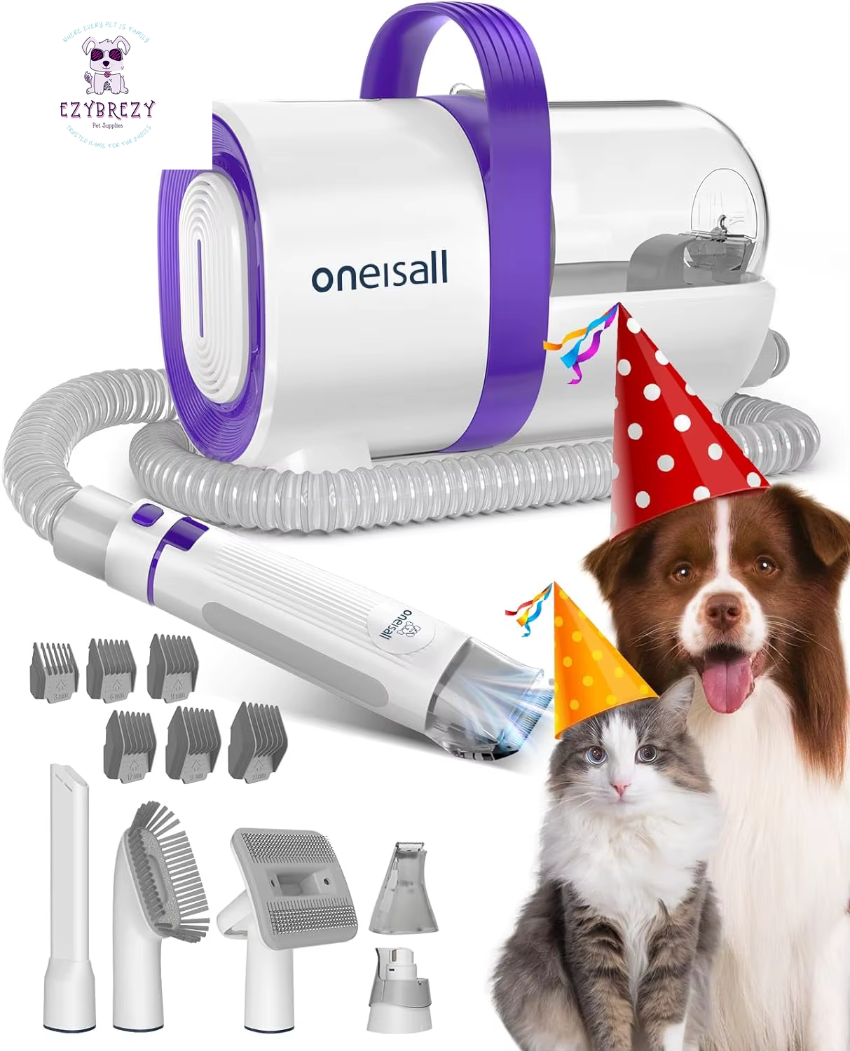 Oneisall Ultimate Dog Grooming Vacuum Kit – Pet Hair Vacuum with Clipper & Nail Grinder, 1.5L Dust Cup for Effortless Grooming