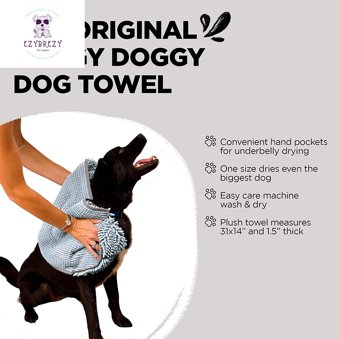 Soggy Doggy Super Shammy - Quick-Dry Microfiber Dog Towel with Handy Pockets, Ideal for Drying Dogs & Cleaning Paws, 31"x14", Gray/Gray Trim