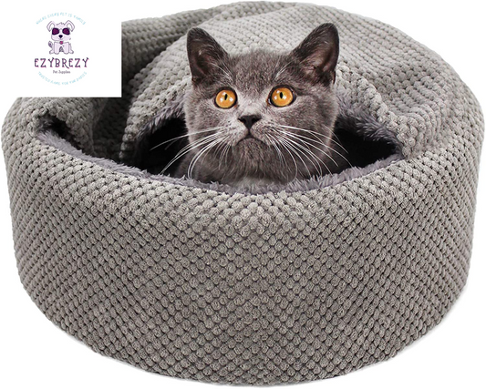 Cozy & Washable Round Cat Bed - Soft, Warm, Anti-Slip with Removable Cushion for Indoor Cats (Gray, 12.59" x 12.59" x 5.91")