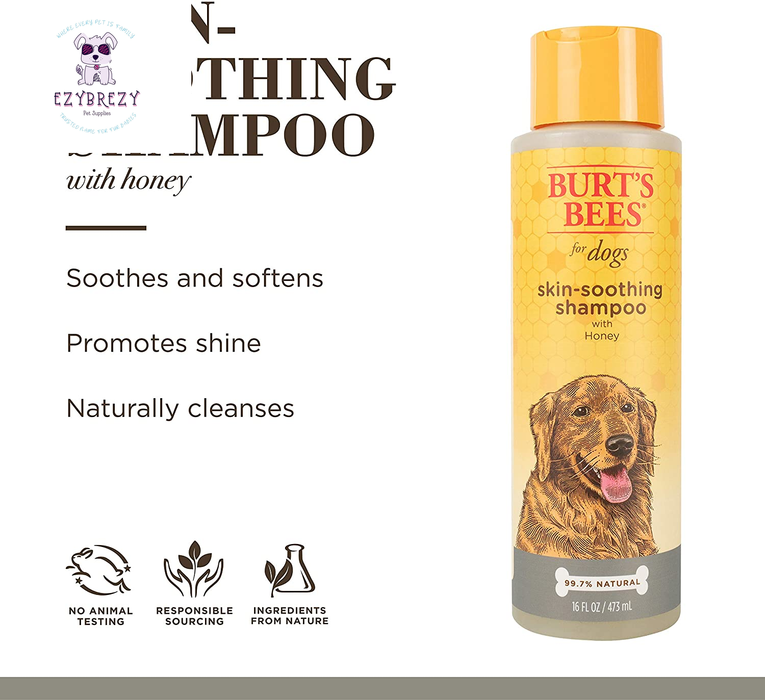 Burt's Bees Natural Dog Shampoo with Honey - Gentle Formula for All Dogs & Puppies - Soothes Dry & Sensitive Skin - 16 oz Made in the USA