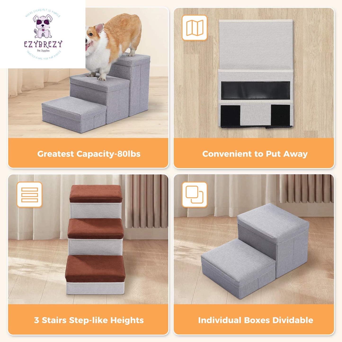 Brown Folding 3-Step Pet Stairs with Storage - Perfect Dog Ramp for High Beds & Couches