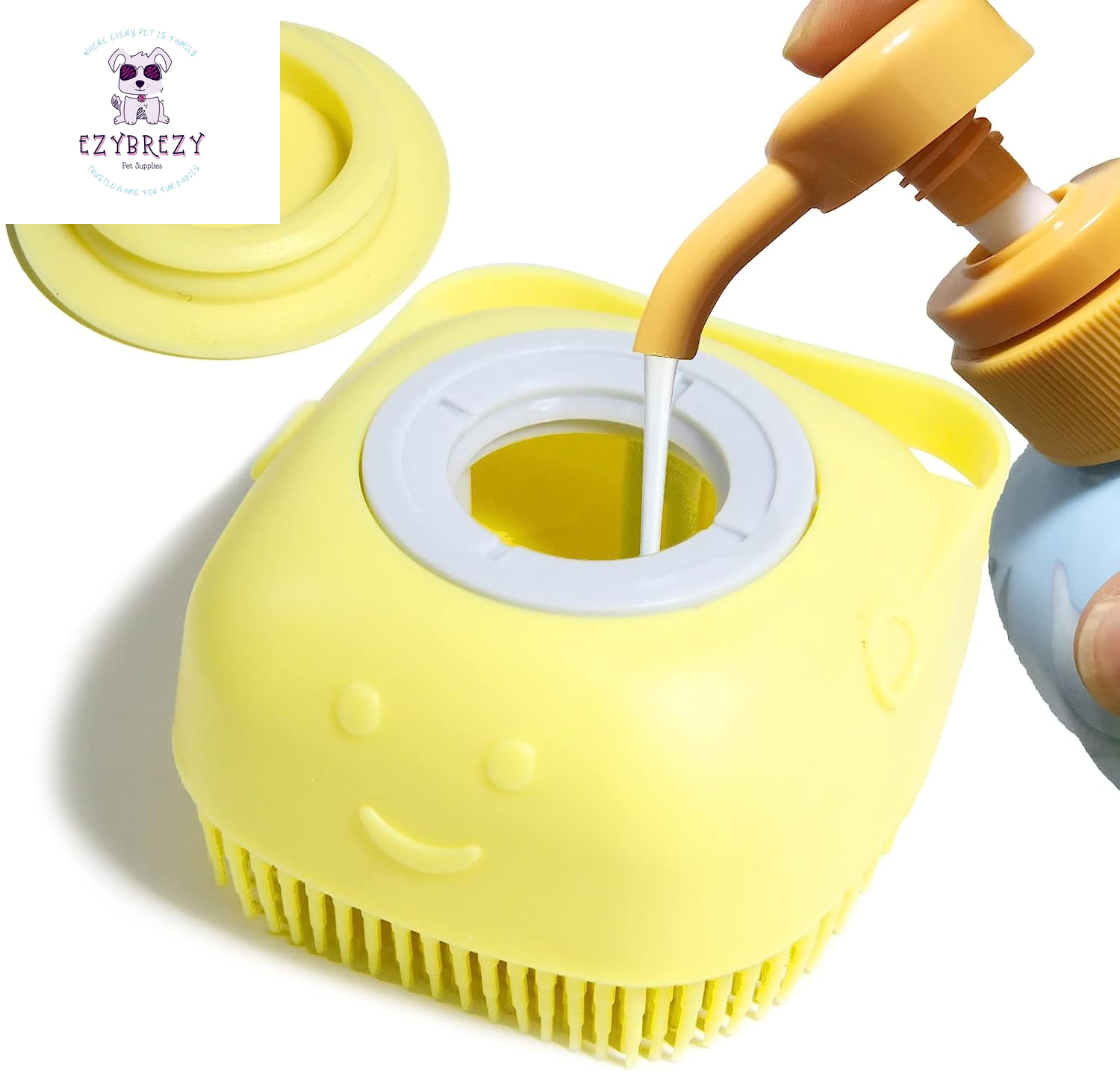 Soft Silicone Pet Bath Brush with Shampoo Dispenser - Perfect for Dogs and Cats (Yellow)