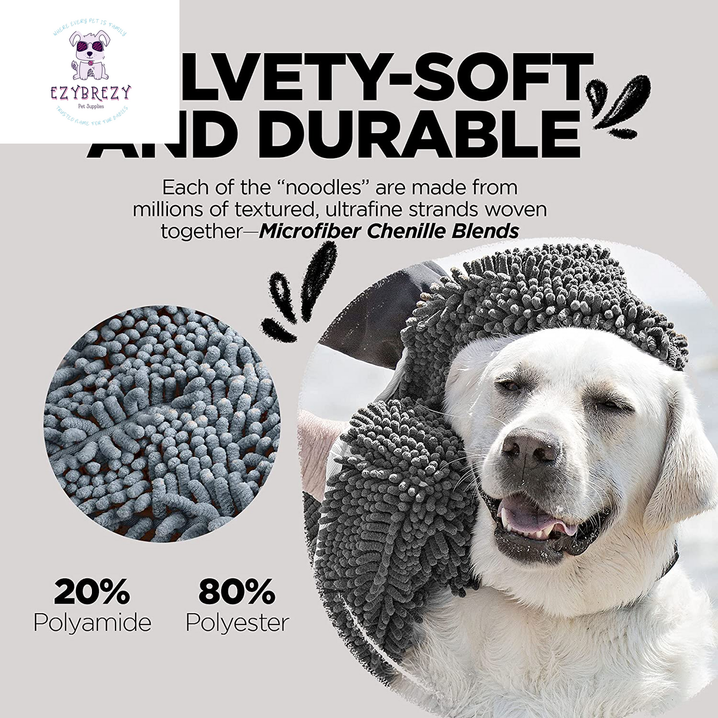 Soggy Doggy Super Shammy - Quick-Dry Microfiber Dog Towel with Handy Pockets, Ideal for Drying Dogs & Cleaning Paws, 31"x14", Gray/Gray Trim