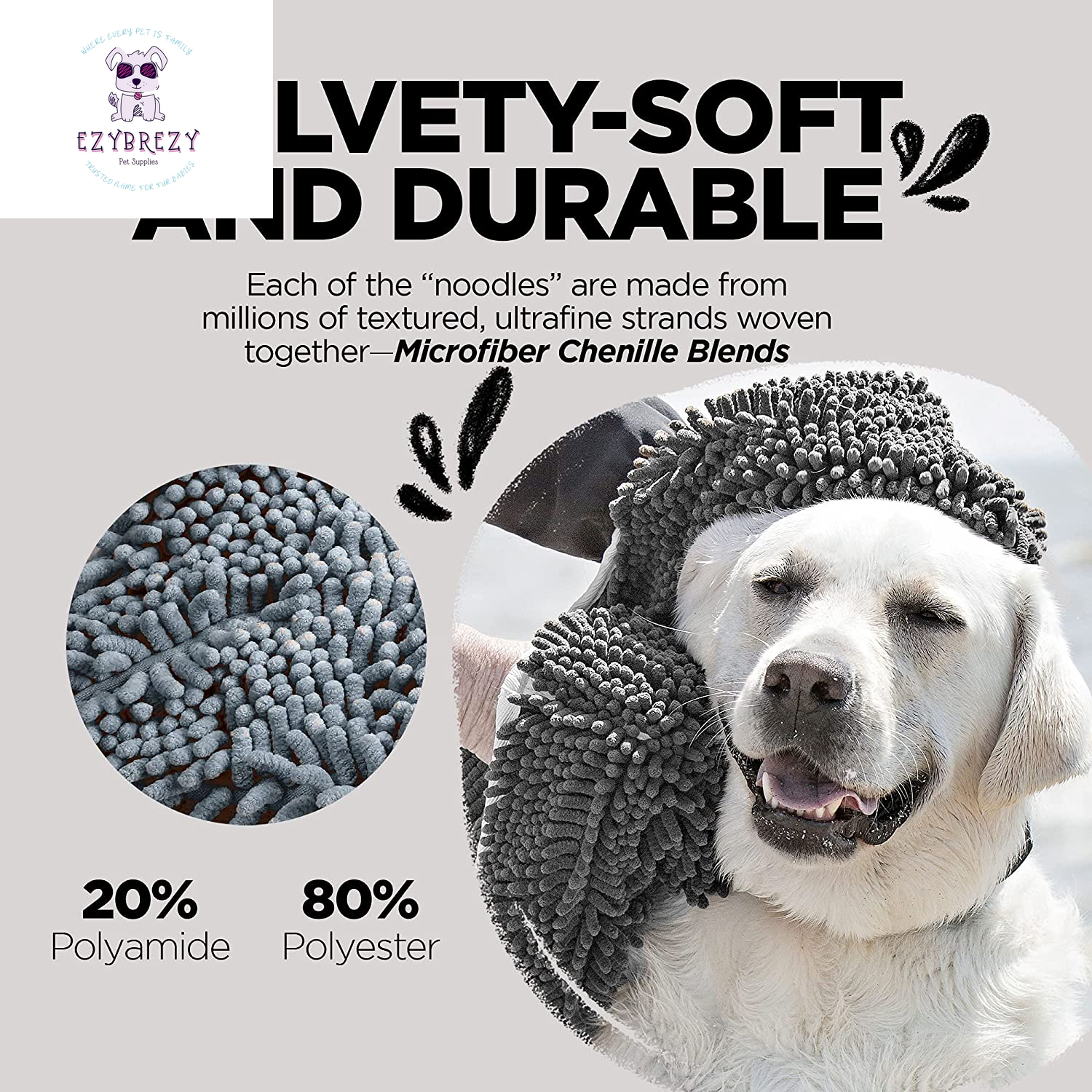 Soggy Doggy Super Shammy - Quick-Dry Microfiber Dog Towel with Handy Pockets, Ideal for Drying Dogs & Cleaning Paws, 31"x14", Gray/Gray Trim