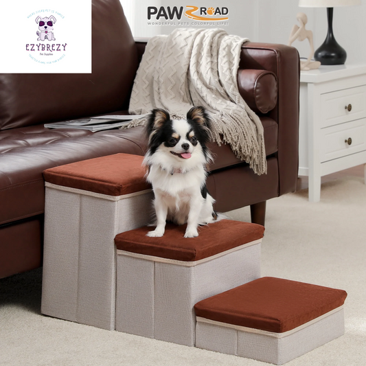 Brown Folding 3-Step Pet Stairs with Storage - Perfect Dog Ramp for High Beds & Couches