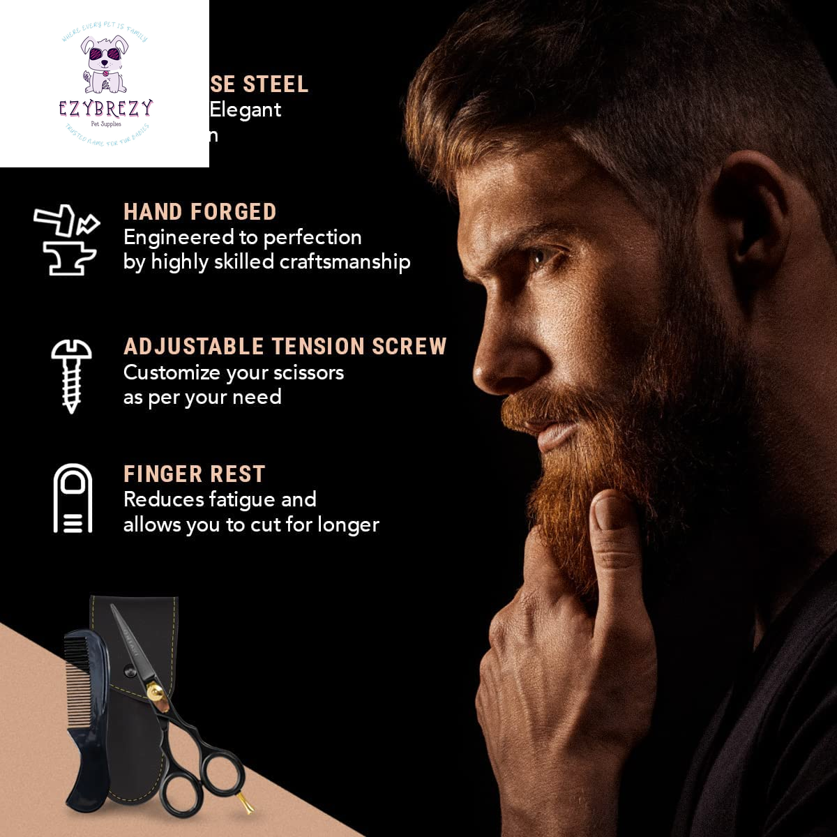 Premium 5.5" Professional Beard & Hair Trimming Scissors - Japanese Steel Barber Shears for Men, Mustaches, Bangs & Pets (Gold & Black)