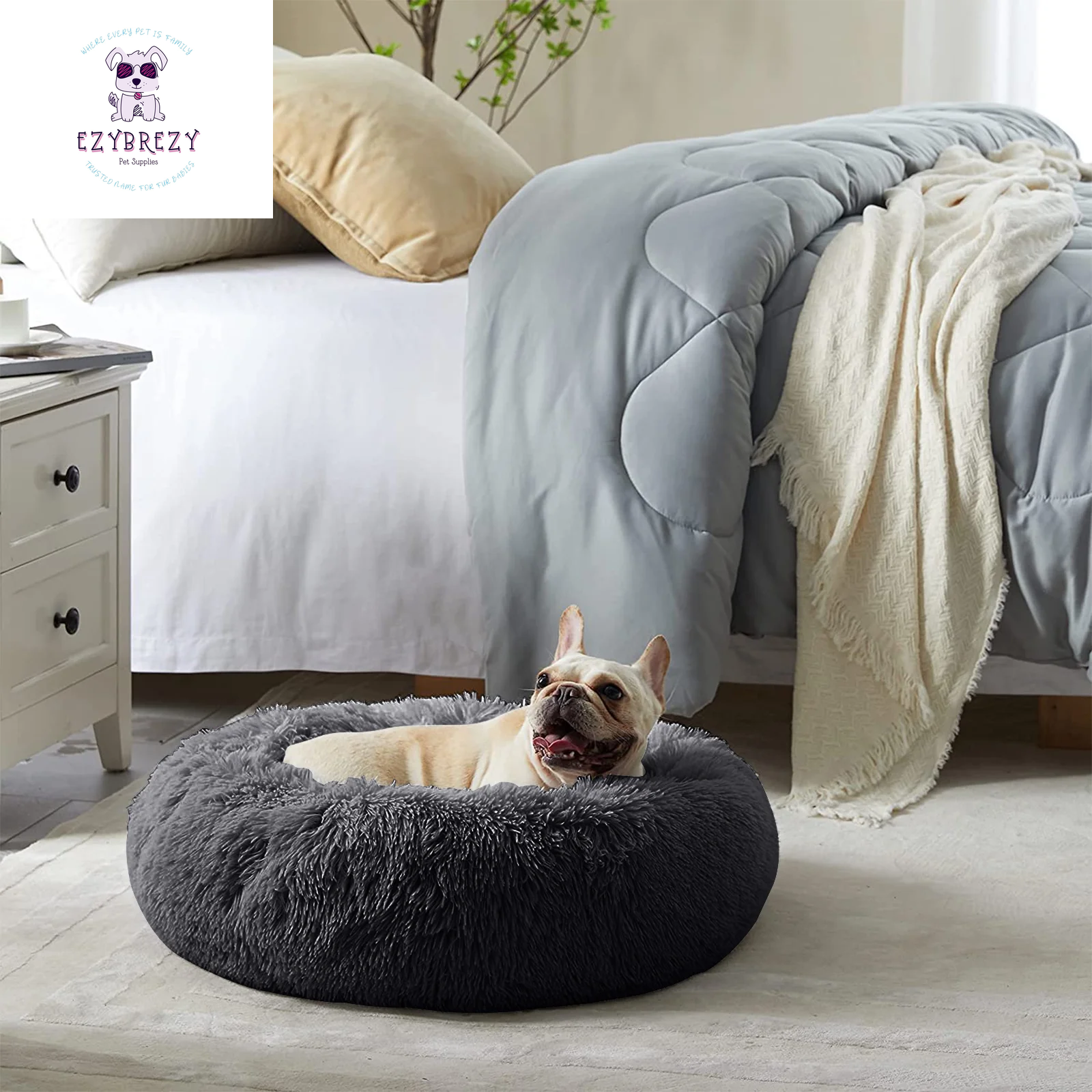 Ultimate Cozy Calming Donut Dog Bed - Anti-Anxiety Self-Warming Plush Round Pet Bed for Home & Travel - 30" x 30" x 8