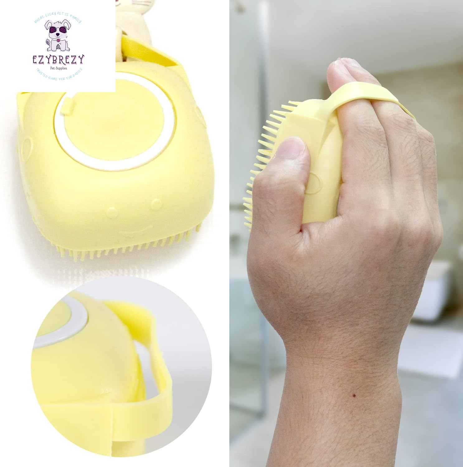 Soft Silicone Pet Bath Brush with Shampoo Dispenser - Perfect for Dogs and Cats (Yellow)