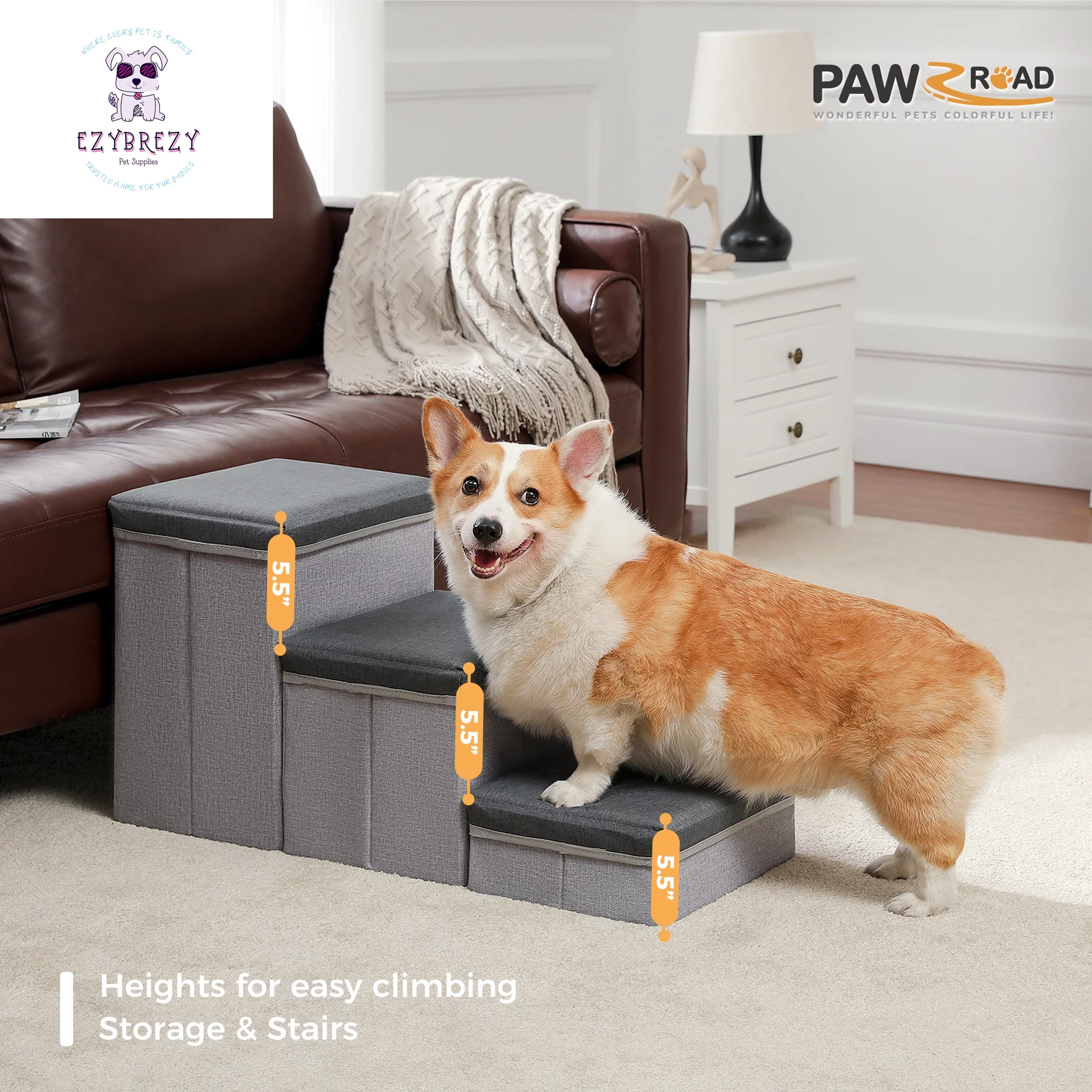 Stylish Dark Gray 3-Step Folding Pet Stairs with Convenient Storage for Small to Medium Dogs