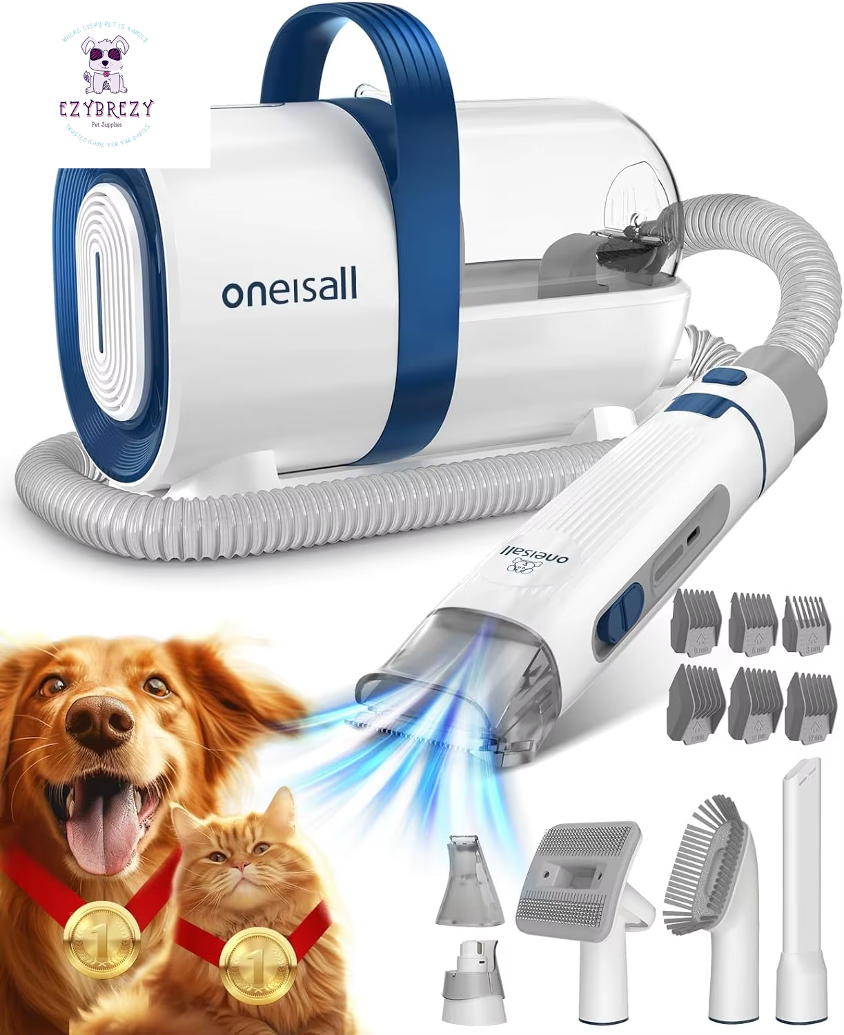 Oneisall Ultimate Dog Grooming Vacuum Kit – Pet Hair Vacuum with Clipper & Nail Grinder, 1.5L Dust Cup for Effortless Grooming