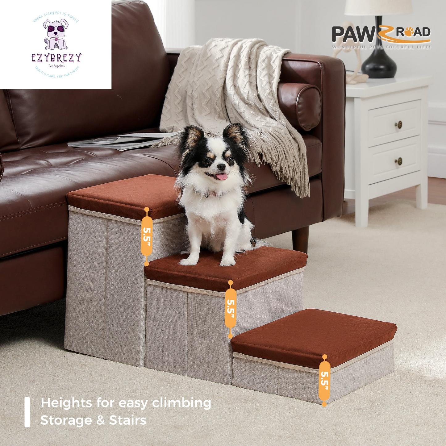 Brown Folding 3-Step Pet Stairs with Storage - Perfect Dog Ramp for High Beds & Couches