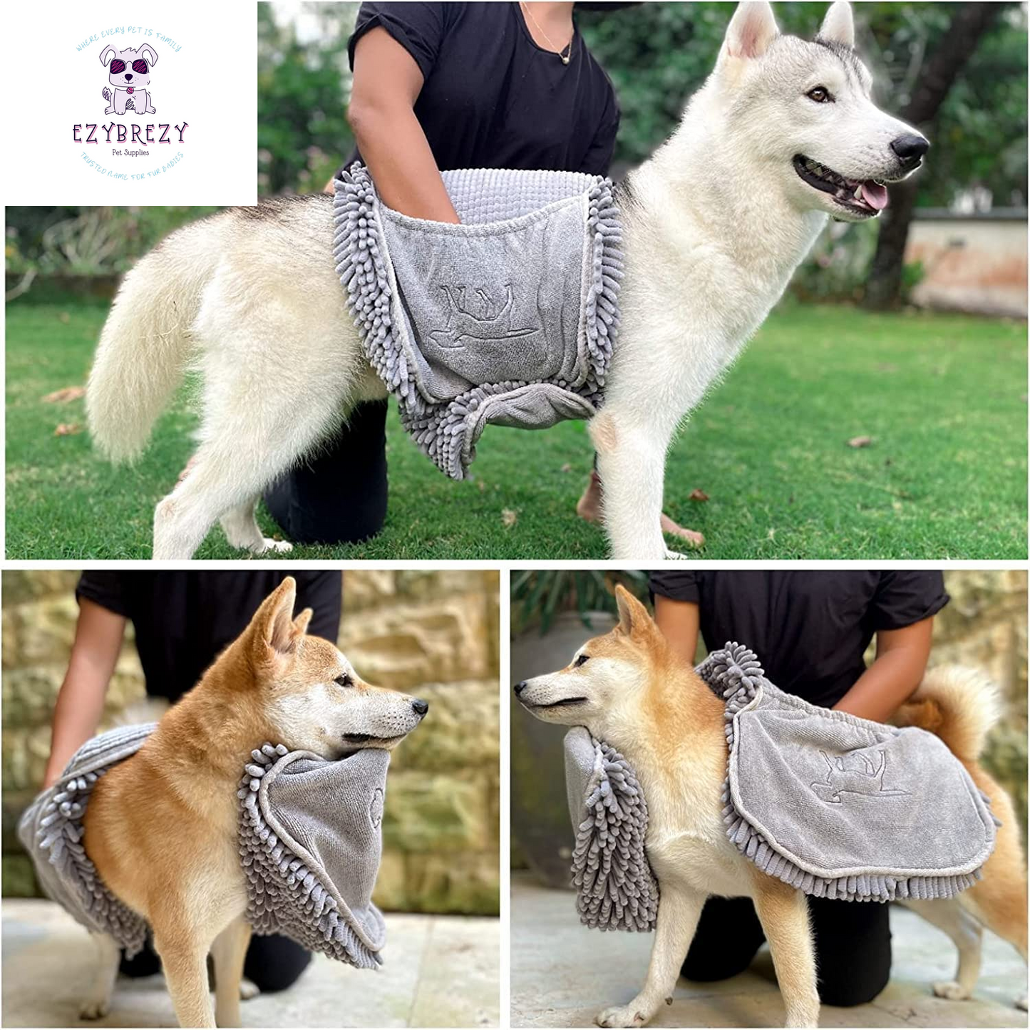 Extra Large Ultra Absorbent Quick Dry Dog Towel - Soft Microfiber Shammy with Comfort Pockets, Machine Washable for Indoor & Outdoor Use!