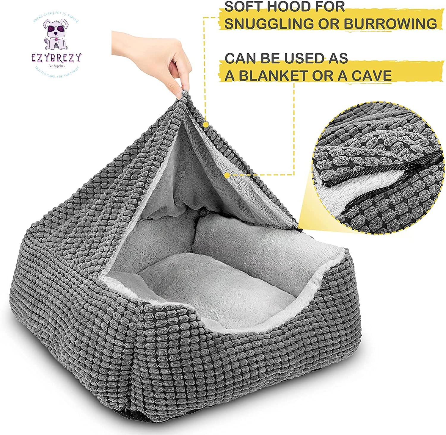 Luxury Orthopedic Dog Bed with Cozy Hooded Blanket - Anti-Anxiety & Machine Washable for All Sizes - 20" Grey