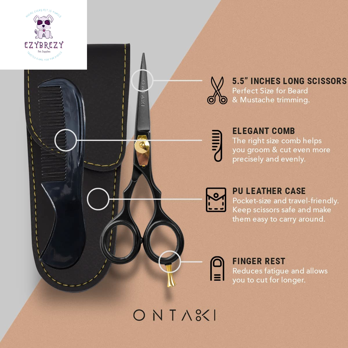 Premium 5.5" Professional Beard & Hair Trimming Scissors - Japanese Steel Barber Shears for Men, Mustaches, Bangs & Pets (Gold & Black)