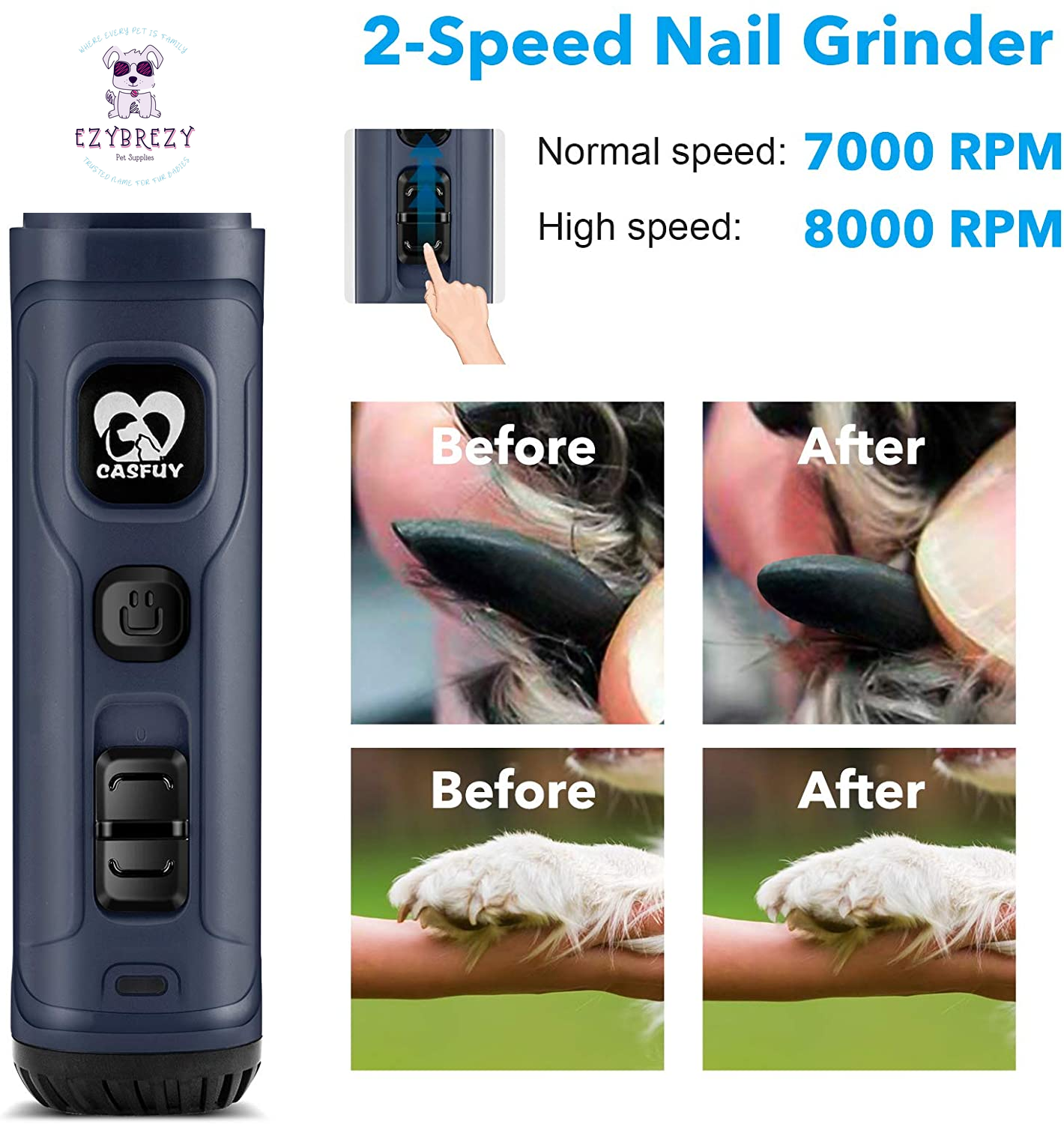 Professional Electric Dog Nail Grinder with Dual LED Lights - Quiet 2-Speed Grooming Tool for All Breeds (Blue)