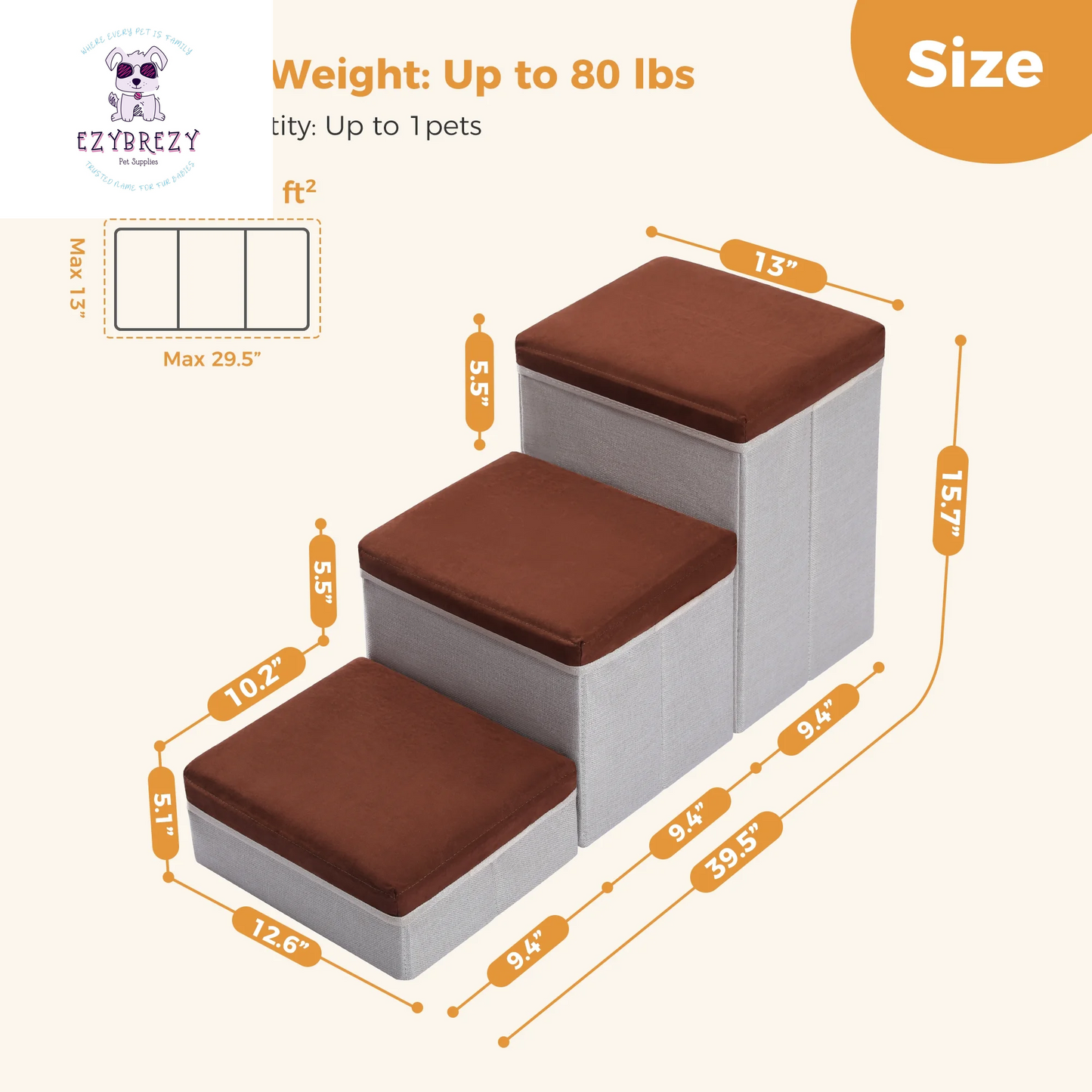 Brown Folding 3-Step Pet Stairs with Storage - Perfect Dog Ramp for High Beds & Couches