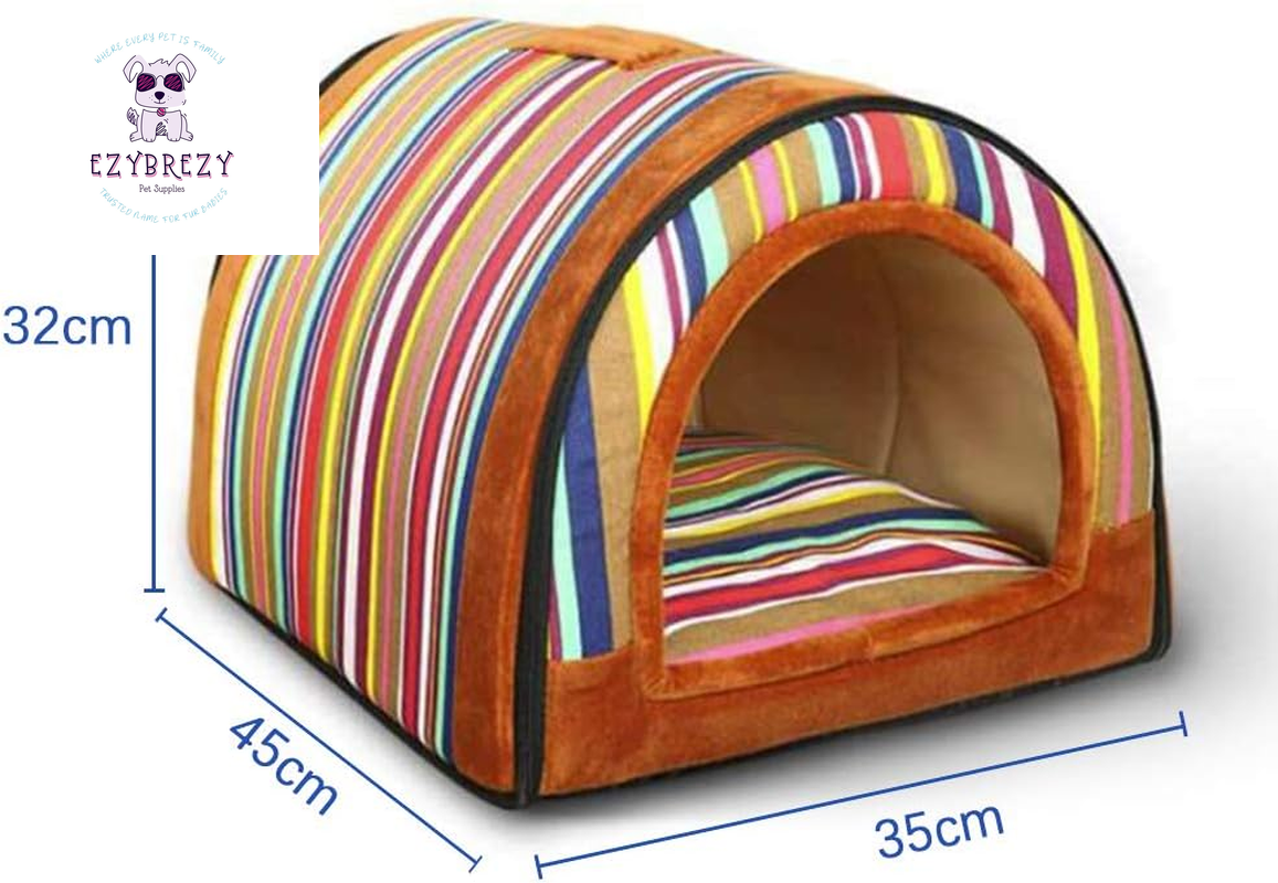 Cozy 2-in-1 Portable Plush Dog Bed & Cat Igloo House with Removable Cushion and Anti-Slip Bottom - Stylish Stripe Design!