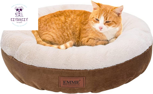 Cozy Donut Cat Bed & Small Dog Bed - 20" Non-Slip Cuddler Cushion for Kittens and Puppies, Machine Washable (Brown)