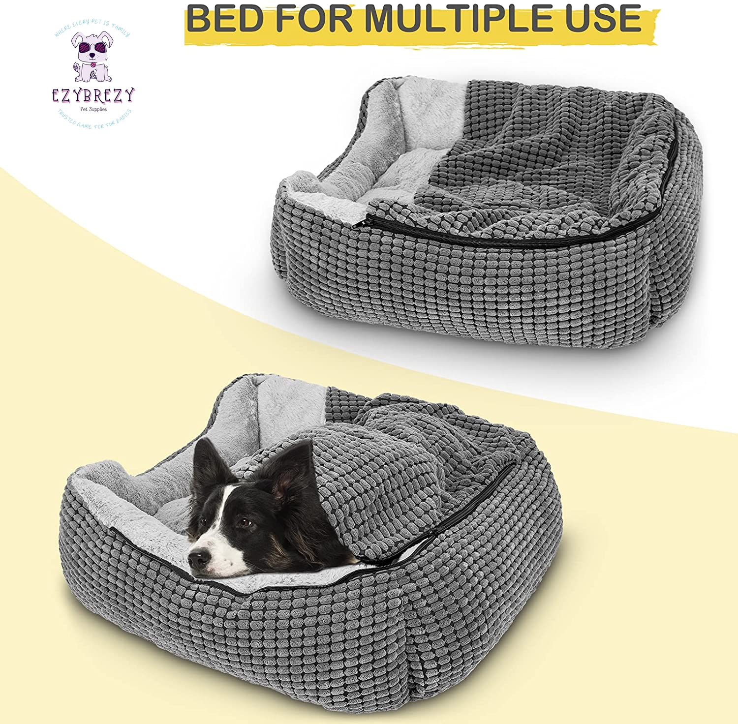 Luxury Orthopedic Dog Bed with Cozy Hooded Blanket - Anti-Anxiety & Machine Washable for All Sizes - 20" Grey