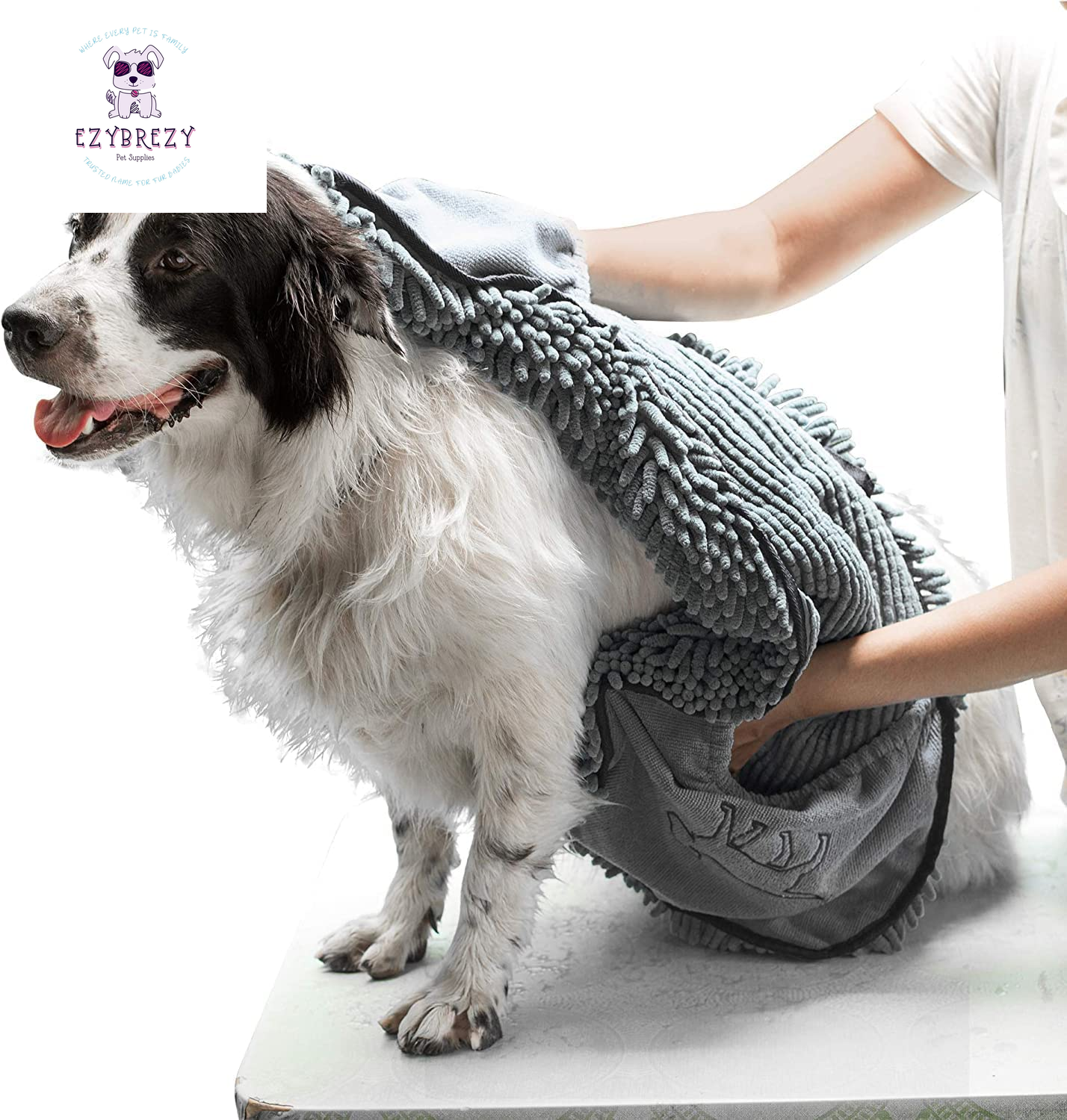 Extra Large Ultra Absorbent Quick Dry Dog Towel - Soft Microfiber Shammy with Comfort Pockets, Machine Washable for Indoor & Outdoor Use!