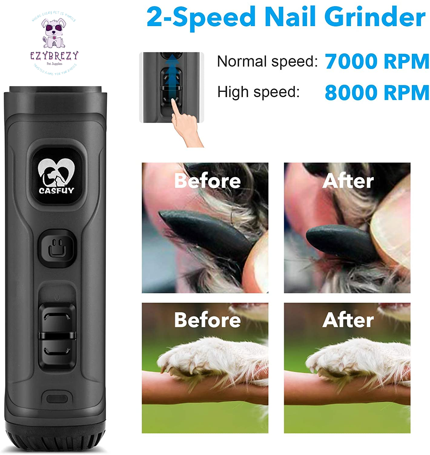 Professional 2-Speed Electric Dog Nail Grinder with LED Lights - Quiet & Painless Grooming Tool for All Breeds (Grey)