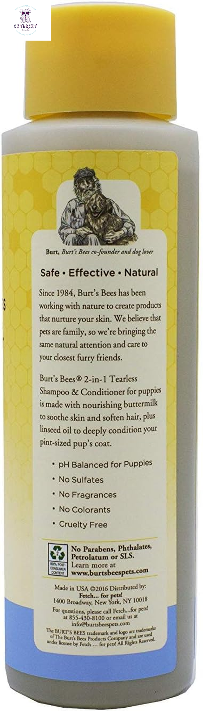 Burt's Bees Tearless Puppy 2-in-1 Shampoo & Conditioner with Buttermilk & Linseed Oil - 95% Natural, Gentle Tear-Free Formula for Puppies, 16 Oz