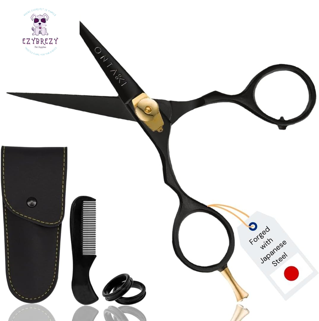 Premium 5.5" Professional Beard & Hair Trimming Scissors - Japanese Steel Barber Shears for Men, Mustaches, Bangs & Pets (Gold & Black)