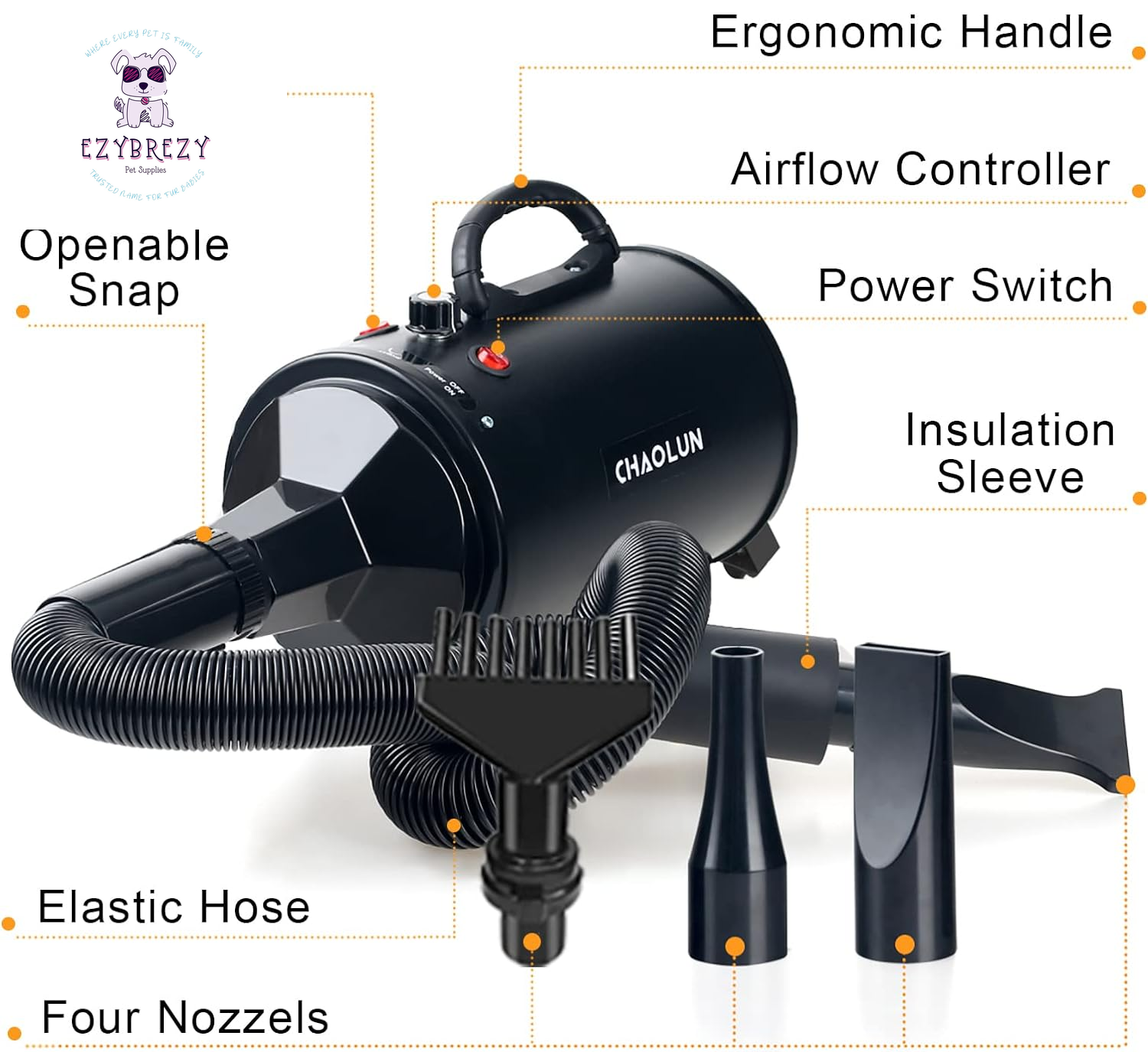 High Velocity Professional Dog Dryer with Heater - Fast & Adjustable Pet Blow Dryer in Sleek Black