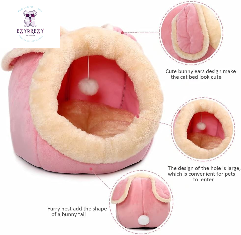 Purrfect Pink Rabbit-Shaped Cat Cave Bed - Cozy Sofa with Hanging Toy & Anti-Slip Base for Cats & Small Dogs