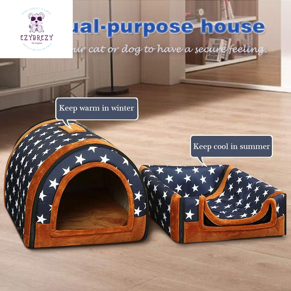 Cozy 2-in-1 Portable Plush Dog Bed & Cat Igloo House with Removable Cushion and Anti-Slip Bottom - Stylish Stripe Design!