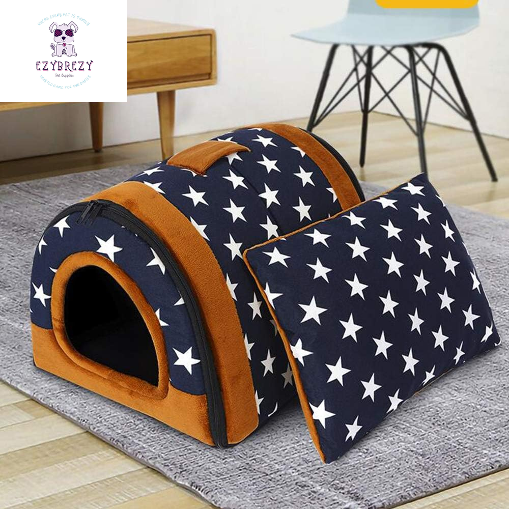 Cozy 2-in-1 Portable Plush Dog Bed & Cat Igloo House with Removable Cushion and Anti-Slip Bottom - Stylish Stripe Design!