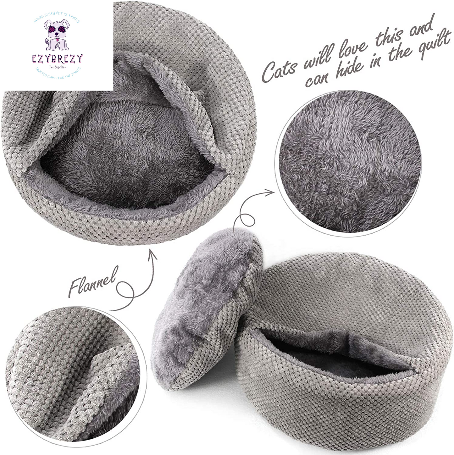 Cozy & Washable Round Cat Bed - Soft, Warm, Anti-Slip with Removable Cushion for Indoor Cats (Gray, 12.59" x 12.59" x 5.91")