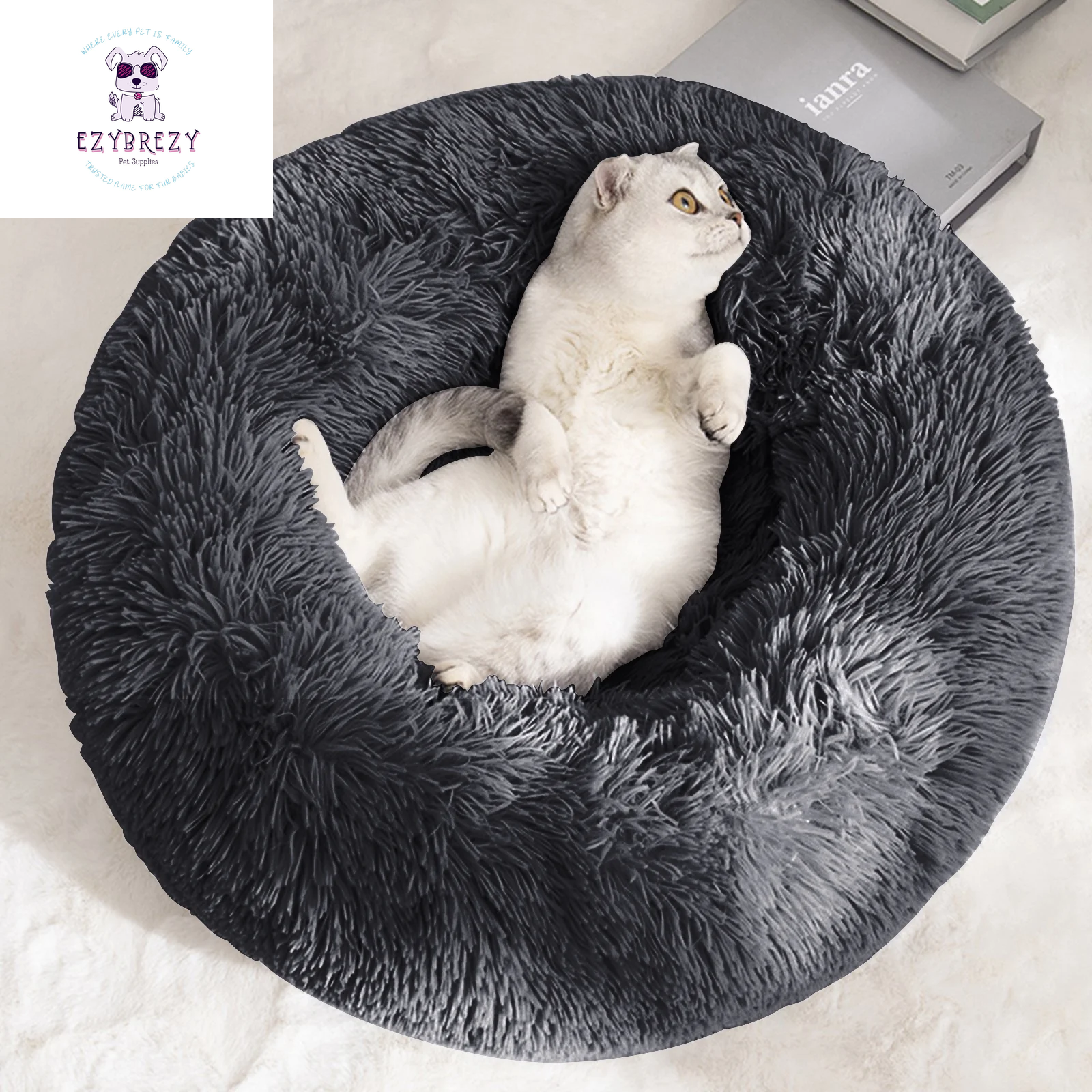 Ultimate Cozy Calming Donut Dog Bed - Anti-Anxiety Self-Warming Plush Round Pet Bed for Home & Travel - 30" x 30" x 8