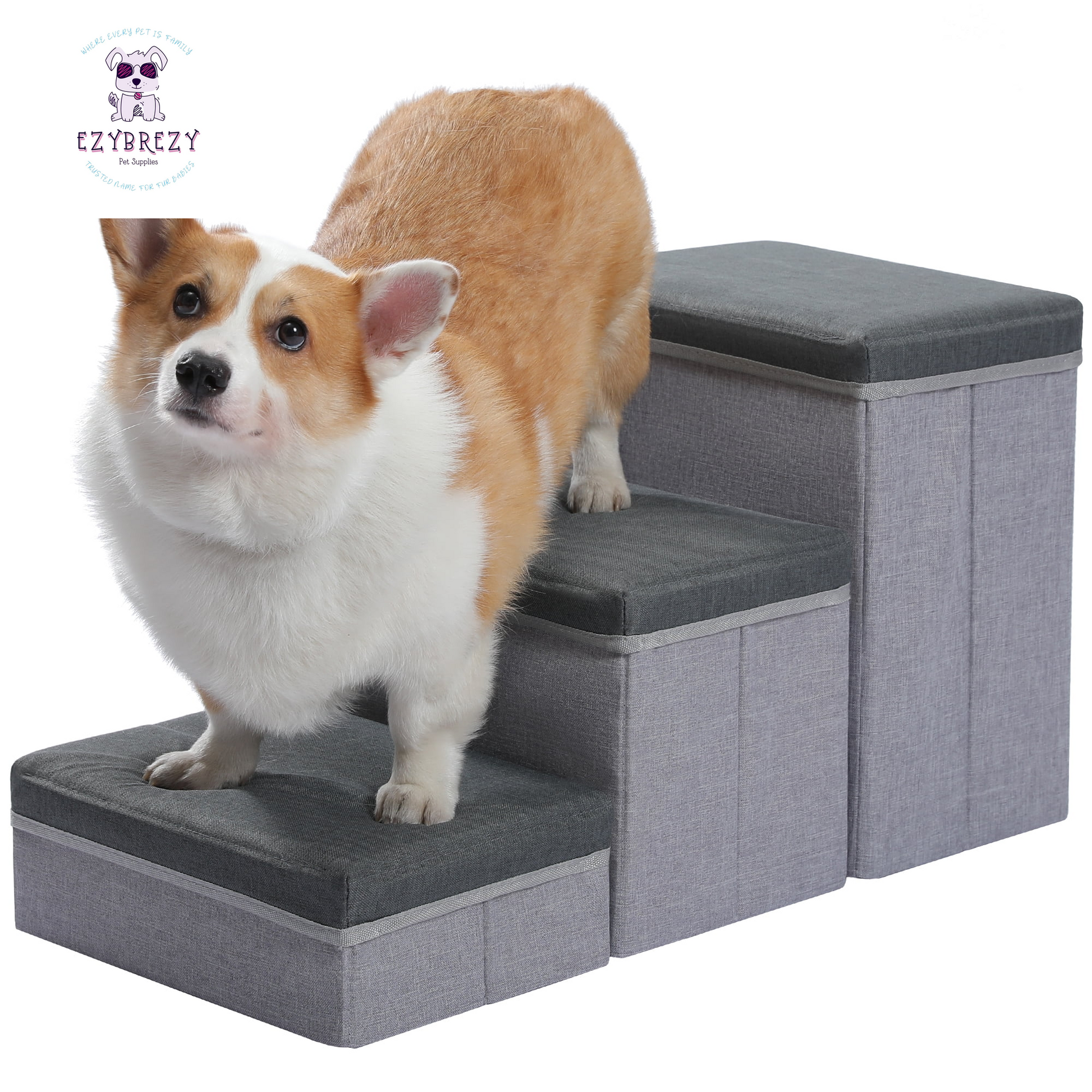 Stylish Dark Gray 3-Step Folding Pet Stairs with Convenient Storage for Small to Medium Dogs