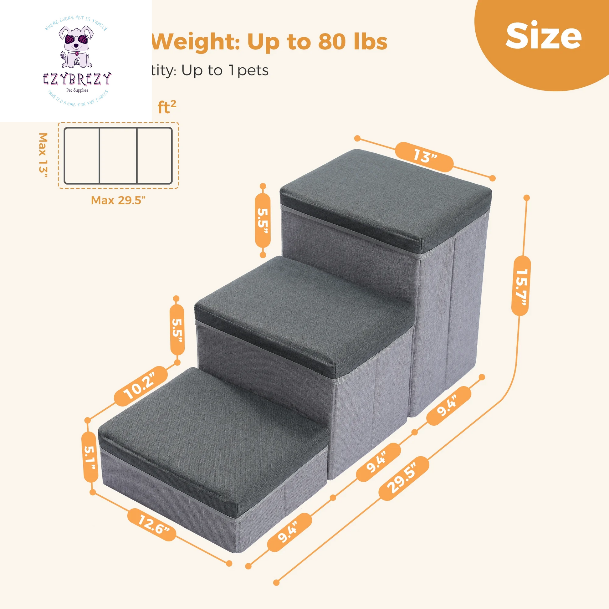 Stylish Dark Gray 3-Step Folding Pet Stairs with Convenient Storage for Small to Medium Dogs