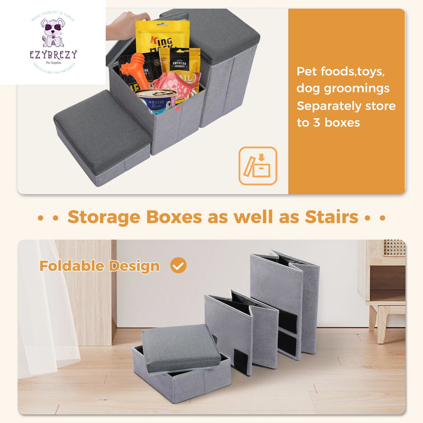 Stylish Dark Gray 3-Step Folding Pet Stairs with Convenient Storage for Small to Medium Dogs