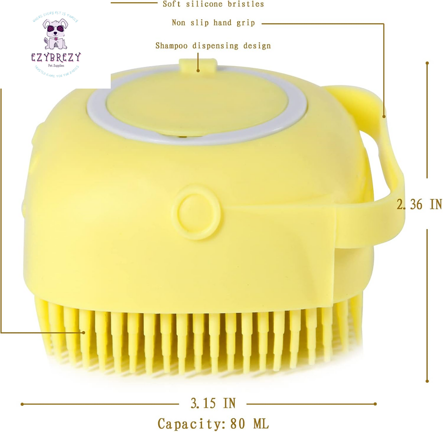 Soft Silicone Pet Bath Brush with Shampoo Dispenser - Perfect for Dogs and Cats (Yellow)