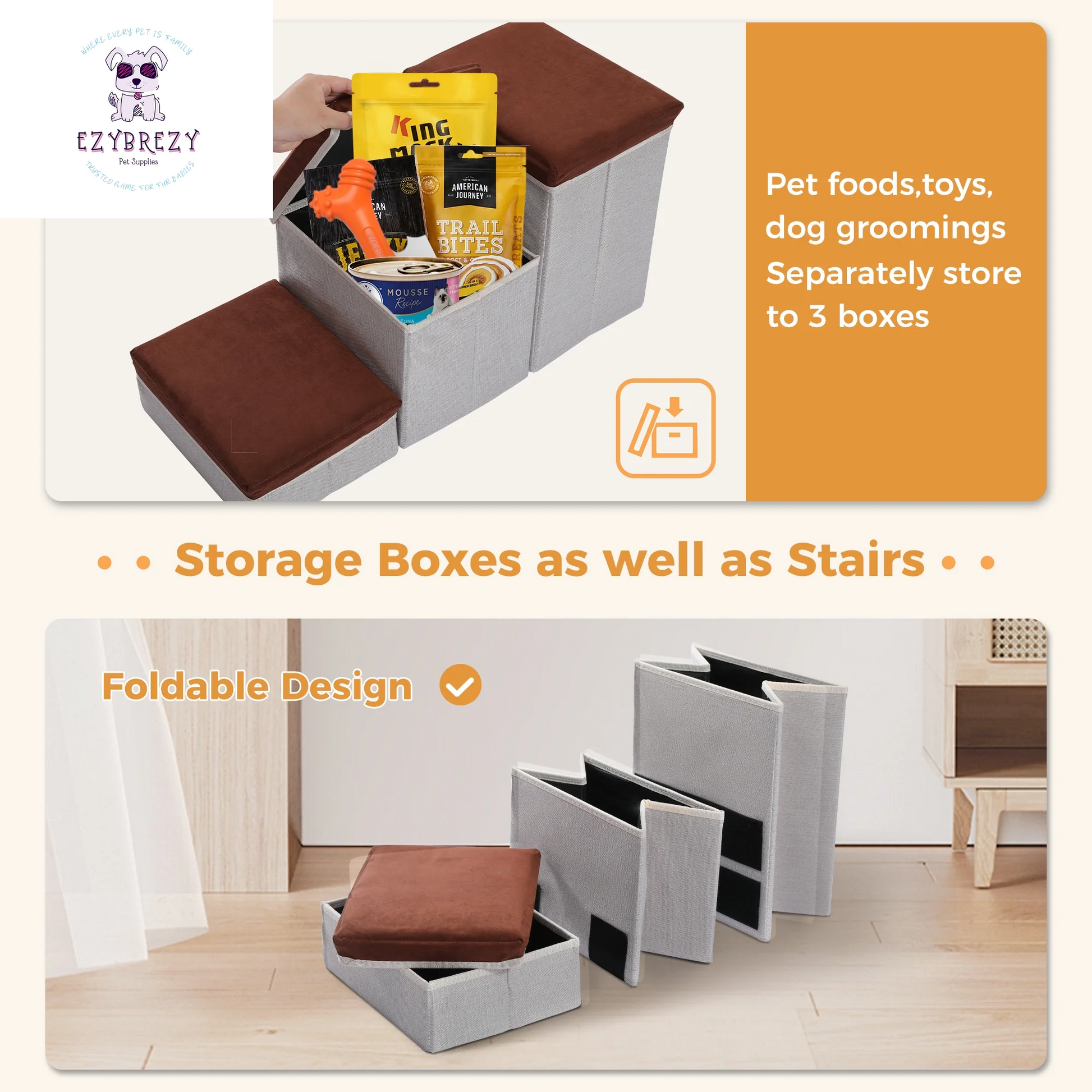 Brown Folding 3-Step Pet Stairs with Storage - Perfect Dog Ramp for High Beds & Couches