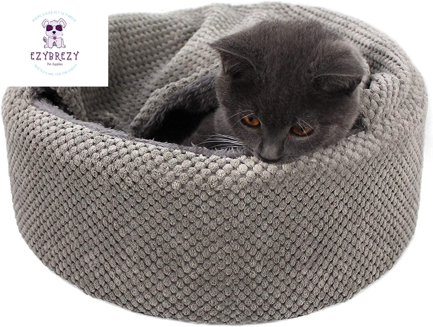 Cozy & Washable Round Cat Bed - Soft, Warm, Anti-Slip with Removable Cushion for Indoor Cats (Gray, 12.59" x 12.59" x 5.91")