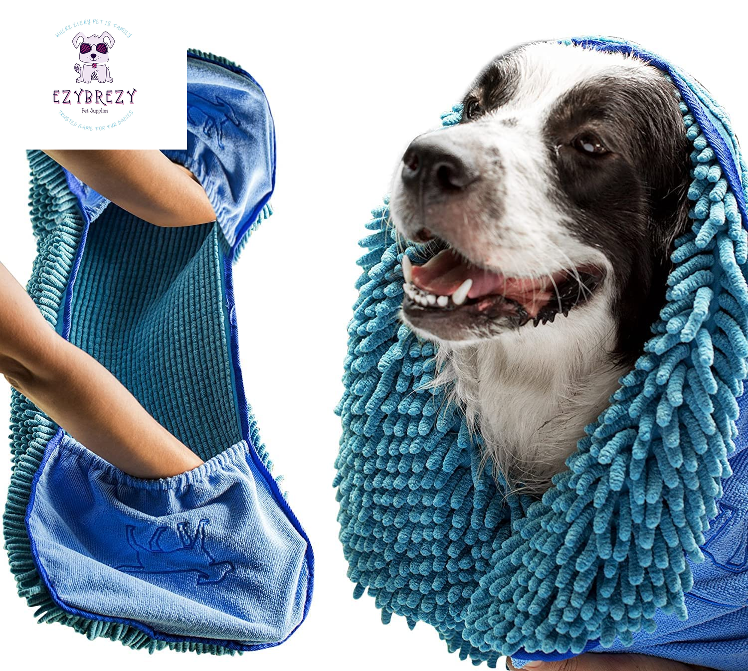 Extra Large Ultra Absorbent Quick Dry Dog Towel - Soft Microfiber Shammy with Comfort Pockets, Machine Washable for Indoor & Outdoor Use!