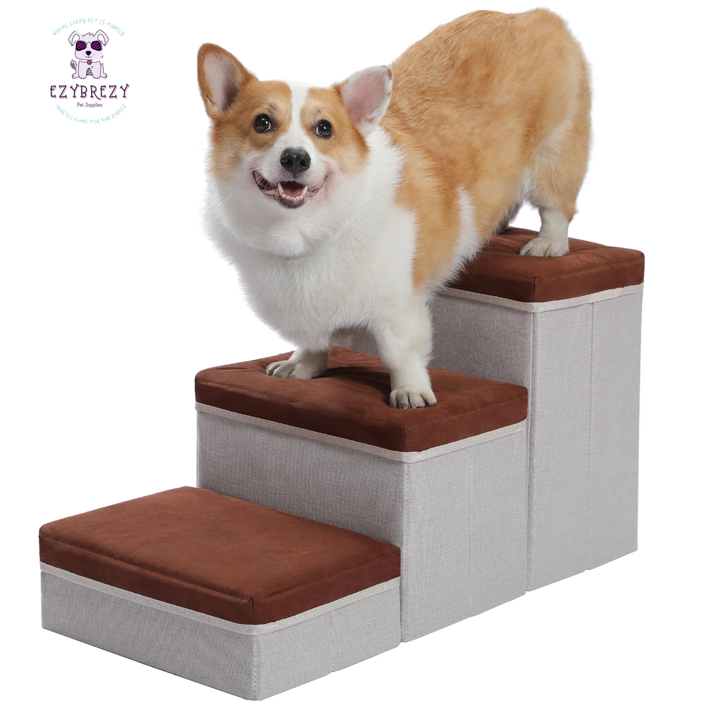 Brown Folding 3-Step Pet Stairs with Storage - Perfect Dog Ramp for High Beds & Couches