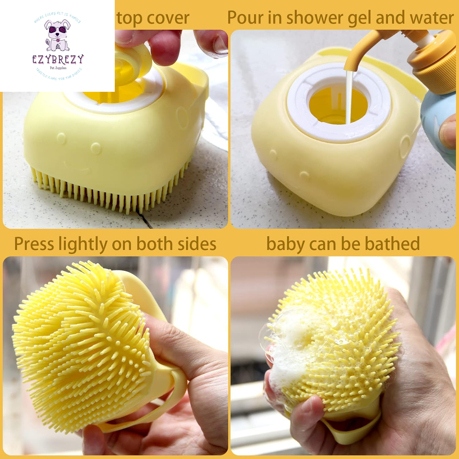 Soft Silicone Pet Bath Brush with Shampoo Dispenser - Perfect for Dogs and Cats (Yellow)